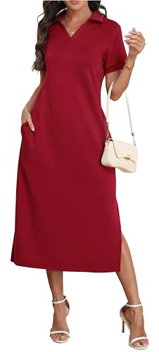 GRECERELLE Vestido polo largo para mujer, de verano, manga corta, grueso, antiarrugas, suave, con bolsillos, para uso diario y trabajo