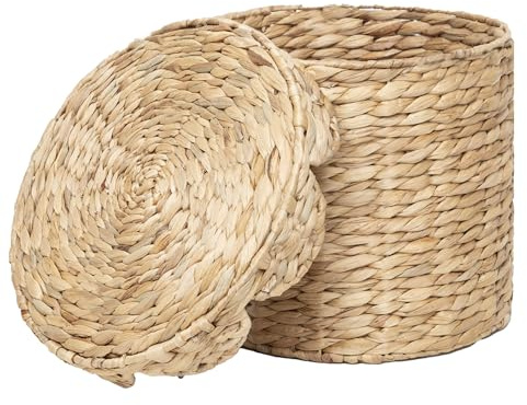 Round Wicker Laundry Hamper with Lid, Natural Water Hyacinth Woven scalloped basket, Space-Saving for Dirty Clothes - Bedroom & Bathroom (Small)