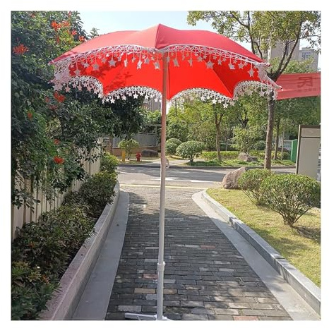Générique Parasol De Jardin Portable Rouge pour Extérieur Parasol De Terrasse avec Pompons Parasol De Plage 1,60M Compact Hauteur Réglable Décoration Étoile avec Franges sans Base