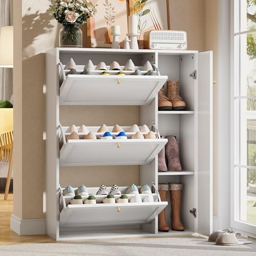 Merax Schuhschrank schmal mit 3 Klappen und 1 Tür, Schuhkipper mit verstellbaren Trennwänden, freistehendes Schuhregal für Flur & Eingangsbereich, Weiß, 90x25x114cm