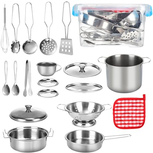 20 accesorios de cocina de barro, acero inoxidable para niños, juguetes de cocina para niños con caja de almacenamiento de plástico, utensilios de cocina para niños y niñas