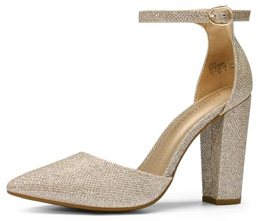 DREAM PAIRS Women's Coco High Heels Chunky Block Pumps Pointed Closed Toe Ankle Strap Dress Shoes,Size 7.5,Gold/Glitter,Coco