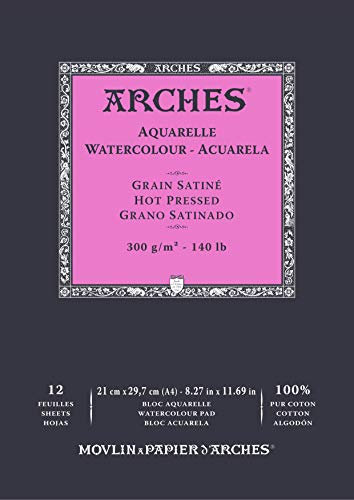 ARCHES Aquarelle 100% Satin, 300 g, verleimter Block, A4, 12 Blatt, Naturweiß