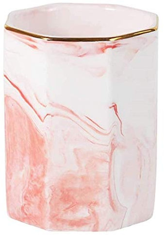 FülleMore Keramik Stiftehalter Make-Up Pinselhalter Marmor Optik Stiftbecher Stifteköcher Pinselbehälter Multifunktional Aufbewahrungsbox Kosmetik Organizer 10x8.5cm (Rosa)