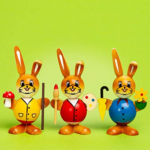 SIKORA OD10 Osterdeko Osterhasen Figuren aus Holz | Deko handbemaltes 3er Set für Ostern | Höhe ca. 9 cm | hochwertige Tischdeko & Frühlingsfiguren, Farbe | Modell:Set A gelb rot blau