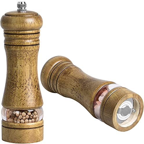 Salt and Pepper Grinder, Dveda 2 Pack 6.5 Inch Manual Wooden Salt and Pepper Mill Set with Adjustable Ceramic Grinding and Transparent Acrylic Window, Refillable Spice Grinders Mills for Home Kitchen