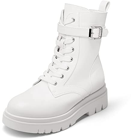 DREAM PAIRS Women's Combat Platform Boots,White,7