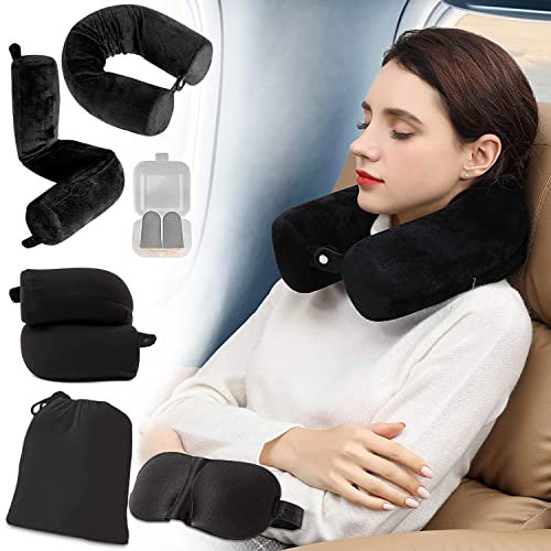 EPROICKS Almohada Cervical Viaje, Ajustable Cojin Avion Cuello, Multi Puede Doblarse Cojin Viaje con Cremallera para Coche, Tren, Cama, Oficina, con Máscara de Ojos, Tapones y Bolsa (Negro)