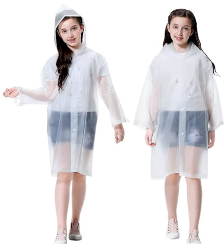 Cosowe Rain Ponchos for Kids, Reusable Raincoats for Boys Girls, 2 Packs Clear Emergency Rain Jacket with Hood for Disney Outdoor, White