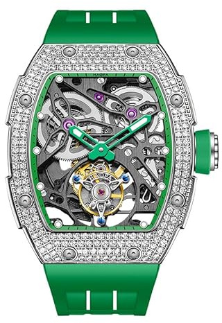 Haofa Tourbillon klocka Lyx Tonneau diamanthus skelett automatisk mekanisk klocka safir vattentät självuppdragning herrklocka 1901-1S, Grön