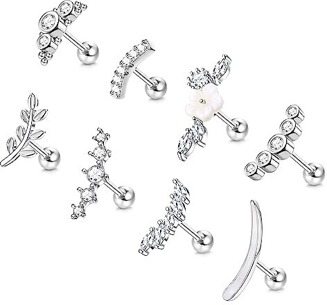 Adramata 8Pcs 16G Helix Ohrringe Set - Chirurgenstahl Opal Blume Daith Conch Knorpel Piercing in Gold Silber - Ohr Schmuck