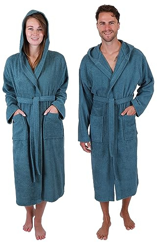 Betz Bademantel mit Kapuze aus 100% Baumwolle – Frottee Saunabademantel für Damen & Herren – kuschelig, saugstark & lang – Serie Berlin Farbe taubenblau Größe L/XL