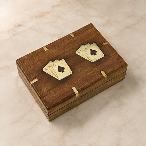 India House- Playing Cards Holder,Handmade Wooden Card Storage Box With Brass Inlay Design, Anniversary Birthday Gifts Made in India (Design 2)