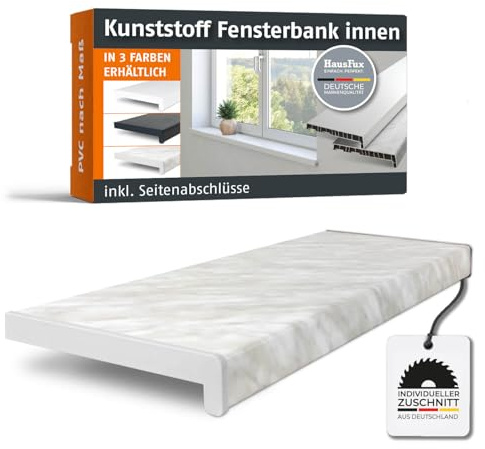 HausFux Fensterbank innen Kunststoff | PVC nach Maß inkl. Seitenabschlüsse (Carrara Marmor, T x L | 15 x 60 cm)