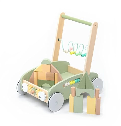 UMU® Trotteur en bois 5 en 1 pour tout-petits avec roues en caoutchouc, trotteur pour enfants avec centre d'activité (tri et construction avec blocs, jeu de perles, etc.)