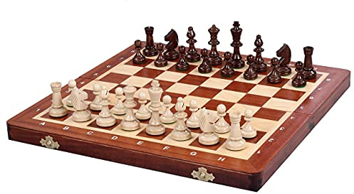 Sunrise Chess & Games Turnierschach Nr. 3 mit Intarsien, 35 cm | Intarsiertes Klappbrett 35 cm, Handgefertigte Hainbuchefiguren, Innenfach, Klassisches Turnierformat