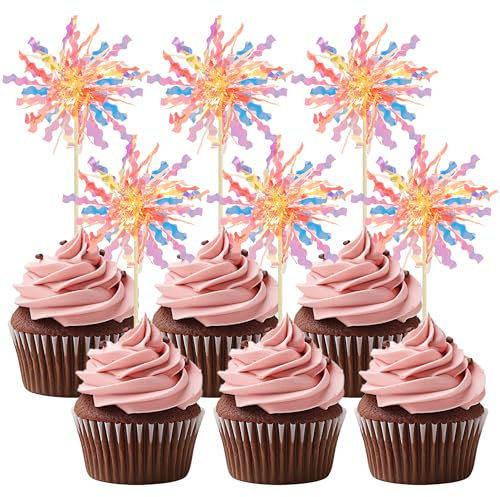 Gyufise 20Pcs Foil Firework Cupcake Toppers Sparkle Tinsel Cake Toppers Tinsel Drink Cake Decoration Cocktail Picks for Birthday Wedding Graduation Party Supplies Orange