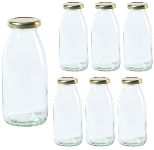 Vitrea 6 leere Glasflaschen 250ml Schraubverschluss Gold - Milchflaschen, Saftflaschen, kleine Flaschen zum Befüllen mit Deckel - für Milch, Saft, Smoothies, Öl - 6 Stück, TO43, Hansa