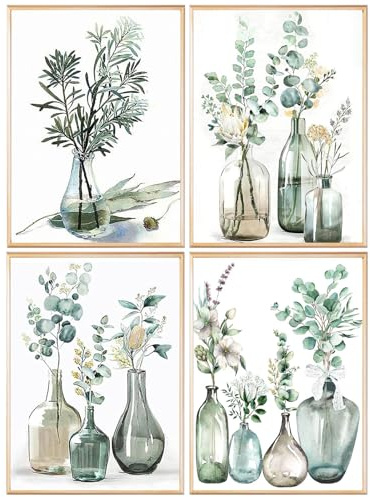 SHEGZHUC 4 Stück Diamond Painting Blumen in Vase – Pflanzen Grün Blatt Blumenstrauß – Diamantmalerei Kunst – Geschenk Wanddekoration