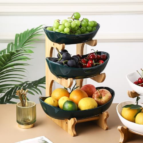 JUNYFFF Présentoir À Fruits À 3 Étages, Corbeille A Fruits Céramique avec Support en Bois Résistant, Plateaux De Service pour Gâteaux Fruits Dessert, Décoration Coupe De Fruit,Vert