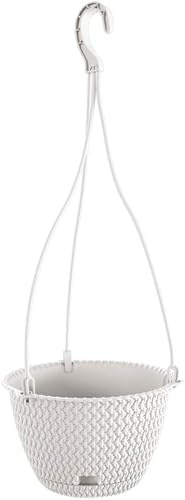 pokm toolsmarket Blumenampel, Blumentopf zum hängen, 4 Farben zur Auswahl, Hängend für Innen und Außen, Übertopf Rattanoptik, Hängeampel mit Untersetzer, Hängetopf Rund aus Kunstsoff (Weiß)