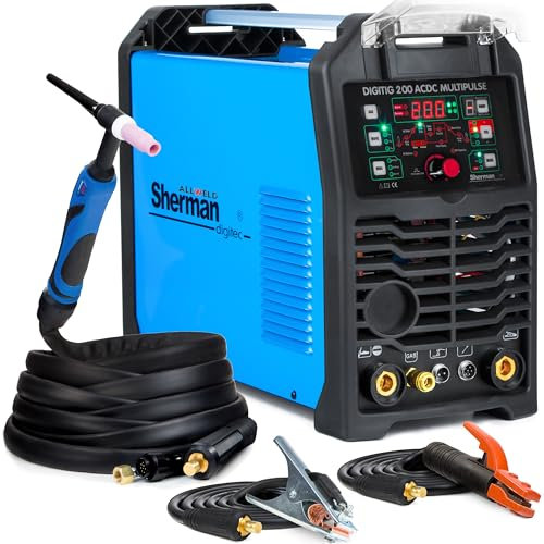 Sherman DIGITIG 200 AC/DC Multi-Puls - 200A WIG Schweißgerät AC DC - HF-Zündung, Auswahl der AC-Wellenform - mit Punktschweißen & Kaltschweißen - Preflow & Postflow - MMA - Set:Solo