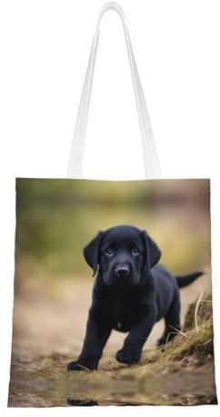 Trukd Vielseitige Canvas-Tragetasche mit Cartoon-Schäferhund, wiederverwendbare Einkaufstasche mit großem Fassungsvermögen und stilvollem Design, Schwarzer Labrador-Welpe, Einheitsgröße