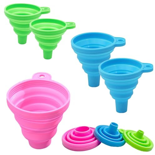 KINDOYO 5 Pcs Silicone Collapsible Funnel Set - Flexible Foldable Funnel Cooking Gel Funnel Kitchen Gadgets for Transferring of Liquid Fluids Powders Spices (Blue*2 + Green*2 + Pink*1)