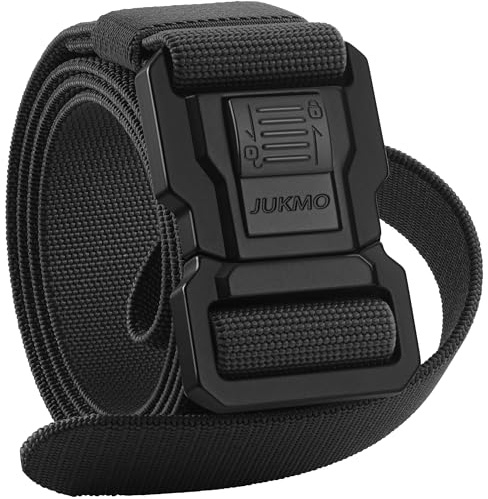 JUKMO Men's Tactical Belt with Lock, Military Work 1.5 Stretch Nylon Web Hiking Quick Release Belt with Heavy Duty Seatbelt Buckle(Black,Medium)