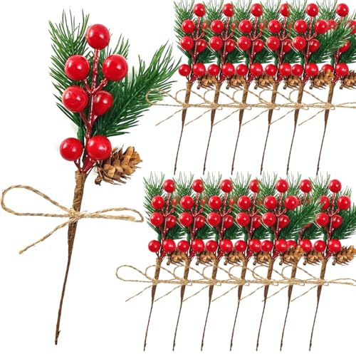 TIHOOD 20PCS 8inch Pine Cone Red Berry Picks Stems Crafts Branch Christmas Wreath, Holly Artificial Evergreen Branches Tiny Pine Cones Picks Décor Floral Picks for Christmas Flower Wreaths DIY