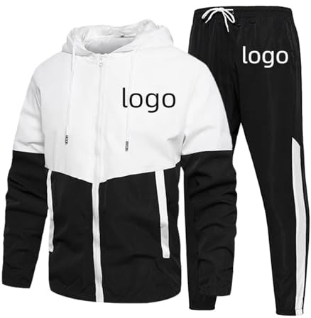 Tuta da Uomo Personalizzata Set Sportivo Personalizzato in 2 Pezzi con Il Tuo Logo Pantaloni da Jogging e Felpa con Cappuccio con Zip Design Patchwork A Maniche Lunghe Black,M