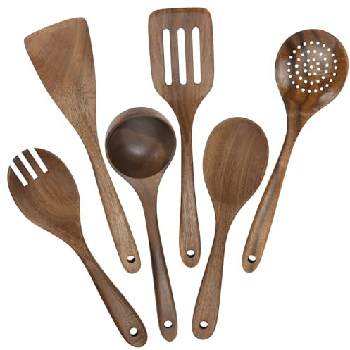 HMIEPRS Set 6 Utensilios de Cocina Madera, Antiadherente Cuchara de Madera Natural para Cocinar, Resistente al Calor Utensilios de Cocina Set Incluye Espátula Paleta Cucharas Ensalada Tenedor