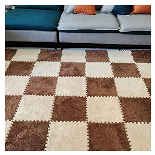 Ineinandergreifende Teppichfliesen-Set, 10 Stück, Plüschschaum-Bodenmatten, quadratisch, 30,5 x 30,5 cm, flauschige Puzzle-Spielmatte mit Rand, 10 Fliesen/30,5 m², Kaffee + Beige
