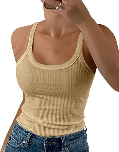 DUOEASE spagettitopp damer sommar 2025 ribbad rund hals tank topp basic enfärgad slim fit stretch top, Ljusbrun, L