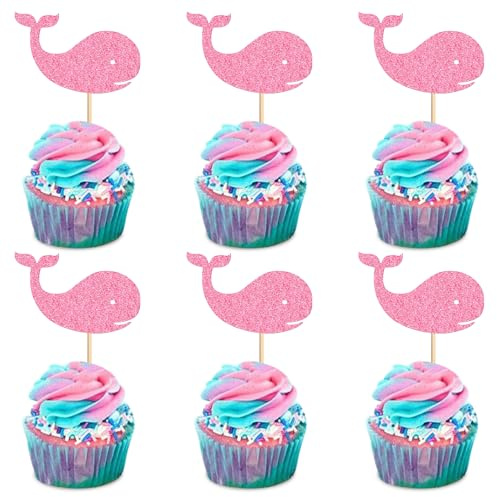 Blumomon 24 Stück Ocean Glitter Wal Cupcake Toppers Weibliche Baby Shower Dekorationen Boy Birthday Supplies