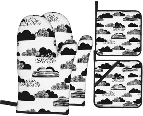 Topflappen Und Topflappen Set Von 4 Wolken Weiß Schwarz Kochhandschuhe Wasserfeste Topfhandschuhe Hitzebeständige Grillhandschuhe, Für Grillen, Cafe, Mikrowelle
