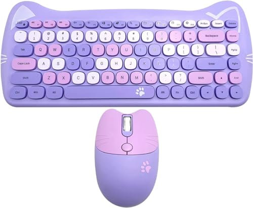 Cat Wireless Keyboard and Mouse Set, Cute 2.4G Computer Keyboards and Mouse Combo for Girls Present, 84 keys Keyboard and Mouse with USB Receiver for Laptop PC MAC (Purple)