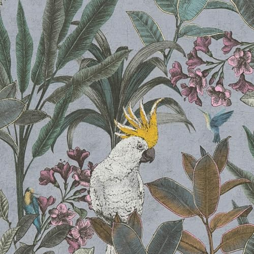 Profhome Carta da parati giungla tropicale 397483-GU carta da parati intissata (TNT) grigio giallo verde azzurro 0,53 m x 10,05 m / 5,33 m2