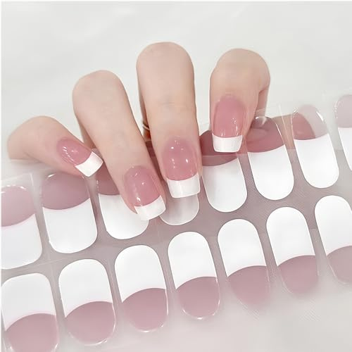 22 Stück French Nagelfolien UV Härtend - Rosa & Weiß Tip Nagellack Aufkleber - Halbgehärtete Nagelfolie Selbstklebend - Full Cover Gel Nagelfolien Für UV Lampe - Gel Nail Strips Für Frauen Nagelkunst