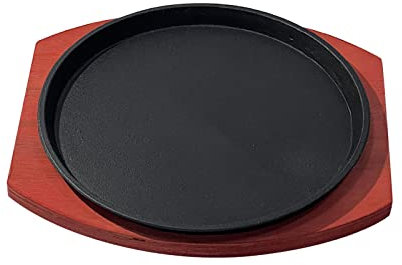 Piatto da Bistecca in ghisa con Base in Legno, Dimensioni Personali, Tondo, sfrigolante, Carne, Padella per grigliate, per Cucina, 23 cm