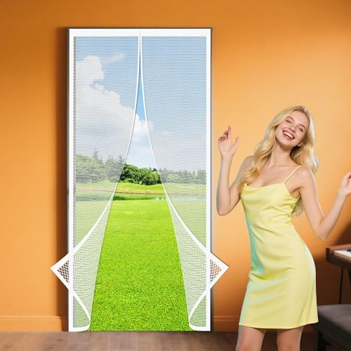 Magnetic Screen Door 118 x 208 cm Install Without Drilling Door Fly Screen Curtain Automatically Closes for Single Or Double Customize Size, White