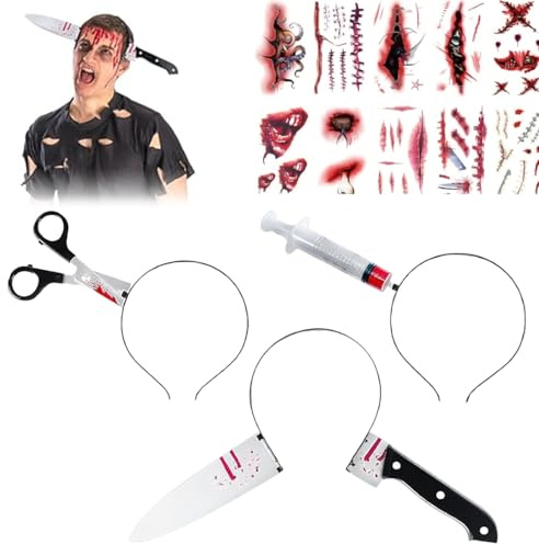 Haiyore 3 Stück Halloween Horror Haarreif Set, Halloween Messer Im Kopf, Spritze Horror Haarreif, Haarreifs Messer, 10 Stück Scars Tattoo, für Fasching Karneval Kostüm Party Cosplay Kostüm Zubehör