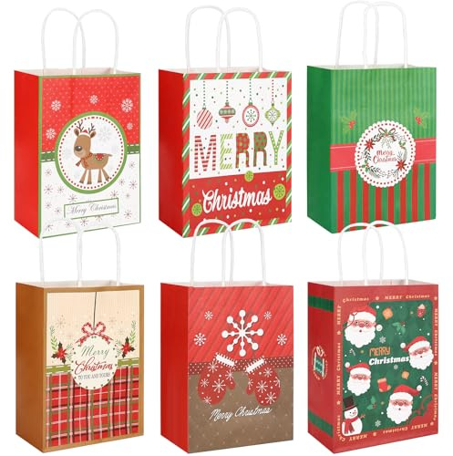 Staranry Set di 12 Sacchetti Regalo di Natale in Carta Kraft con Manici, 6 Motivi Sacchetti Natalizi, Buste Regalo di Natale per Feste e Regali