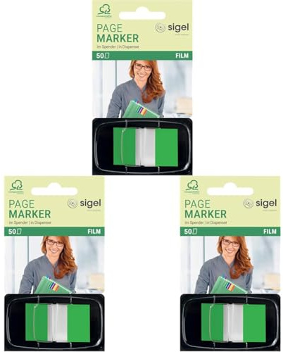 SIGEL HN493 Haftmarker im Spender, grün, 50 Streifen im Format 25 x 43 mm (Packung mit 3)