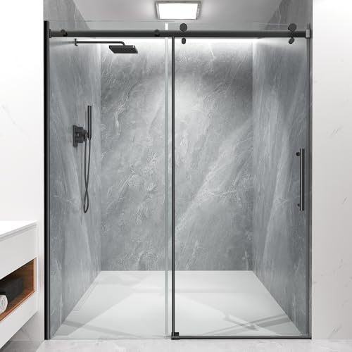Framless Glass Shower Door Sliding, 56-60 W x 72 H, Matte Black, Clear
