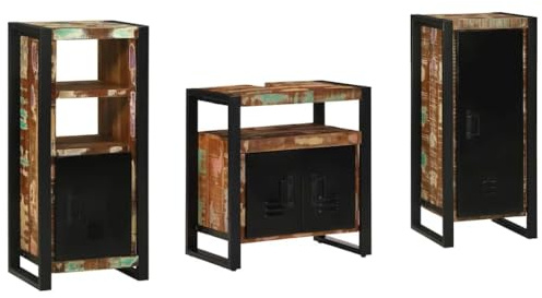 Frdhee Armadietto da bagno, set di mobili da bagno con ripiano, 3 pezzi, multicolore in legno massiccio, per sotto lavandino, lavandino, mobiletto da bagno