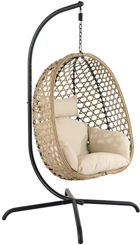 di volio Hängesessel mit Gestell PE-Rattan klappbar wetterfest Outdoor Somi | 15 cm Sitzkissen, verzinkter Stahlrahmen, Olefin-Seil, klappbar, wetterbeständig, bis 120 kg belastbar, abnehmbarer Bezug