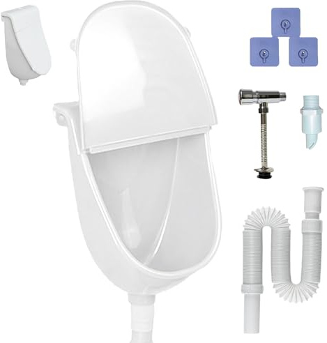 Wall Mounted Urinal, Male Urine Separator Drill-Free with Anti-Splash Lid & Drainage Hose & Flush Valve & Spray Nozzle & Adhesive, Reusable Portable Flushing Urine for Home, Dorm, Motorhome, Garden