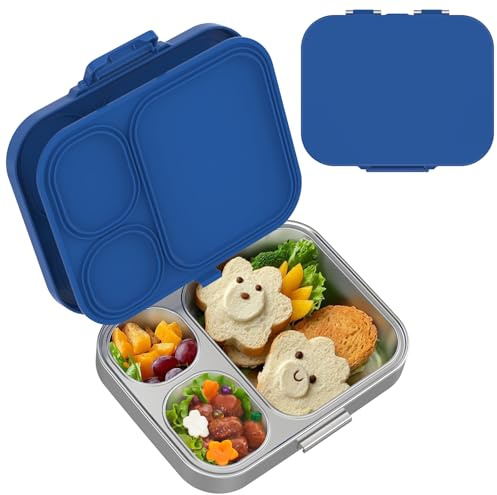 VITONIS 1000 ml Brotdose Kinder mit 3 Fächern Edelstahl, Bento Lunch Box mit Silikondeckel, Auslaufsicher, Spülmaschinenfest, Bento Box für Picknick Arbeit Reisen (Blau)