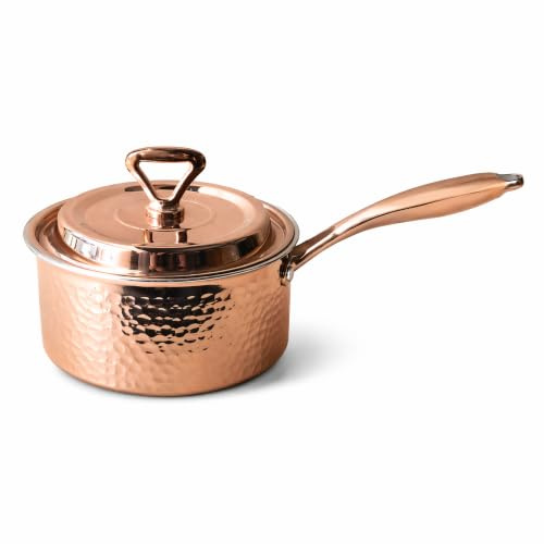 YJX 2.2QT Copper Saucepan with Lid, Hammered Stainless Steel Cookware Pot